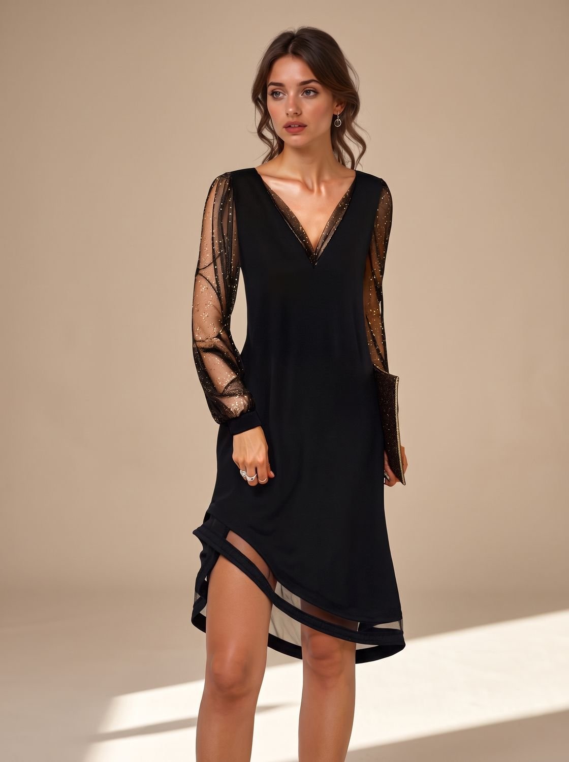 Camila | Sheer Sequin Sleeve Black Mini Dress for Women