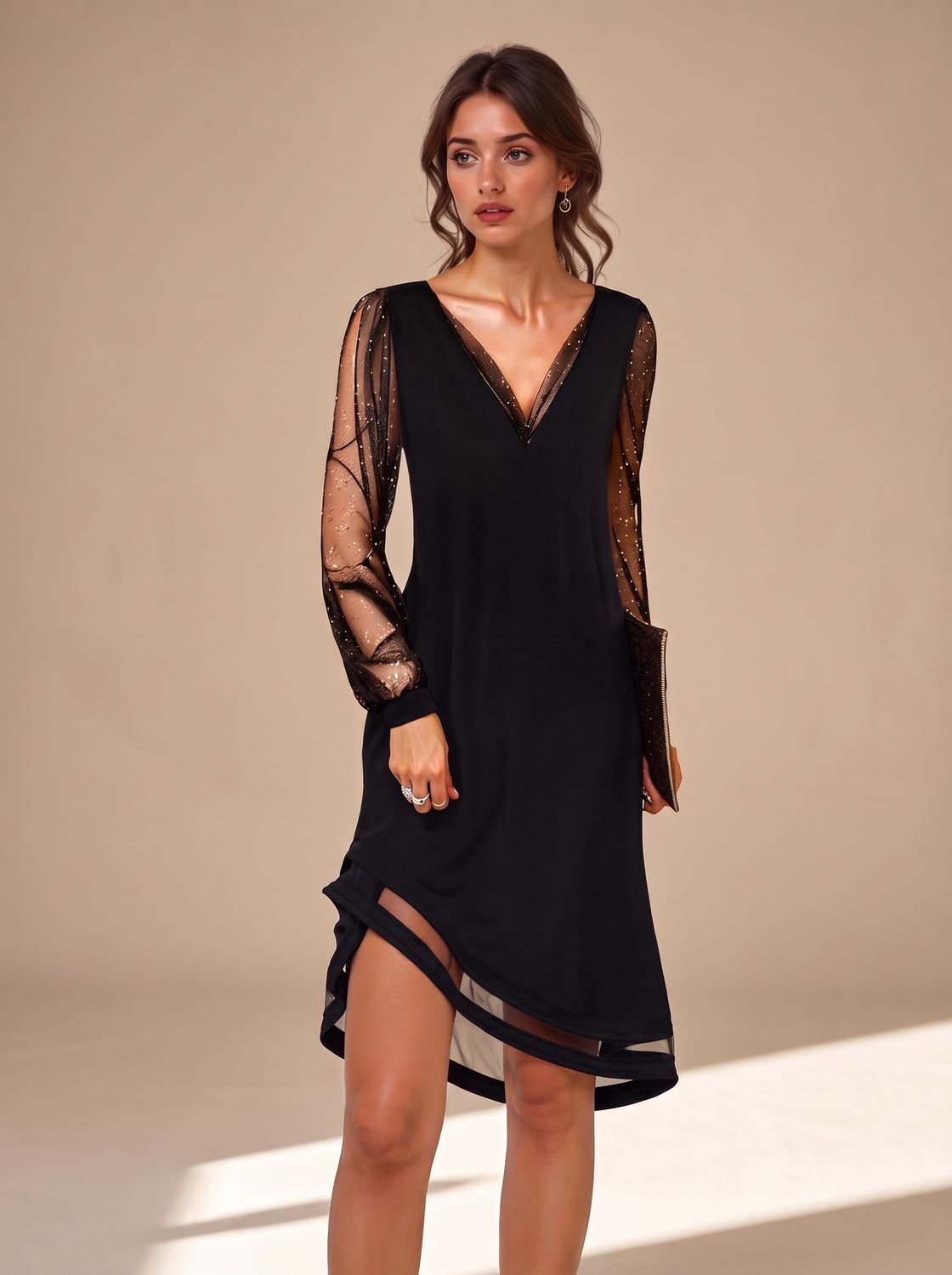 Women's Black Christmas Party Dress, Sheer Sleeve Mini