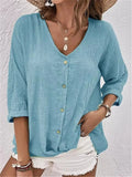 Women's Cotton V-Neck Button-Front Top Three-Quarter Sleeve 1