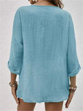 Women's Cotton V-Neck Button-Front Top Three-Quarter Sleeve 2