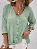 Women's Cotton V-Neck Button-Front Top Three-Quarter Sleeve 3