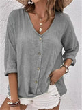 Women's Cotton V-Neck Button-Front Top Three-Quarter Sleeve 5