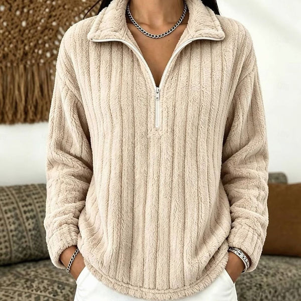 Women's Fleece Quarter Zip Jumper, Ribbed Soft Pullover