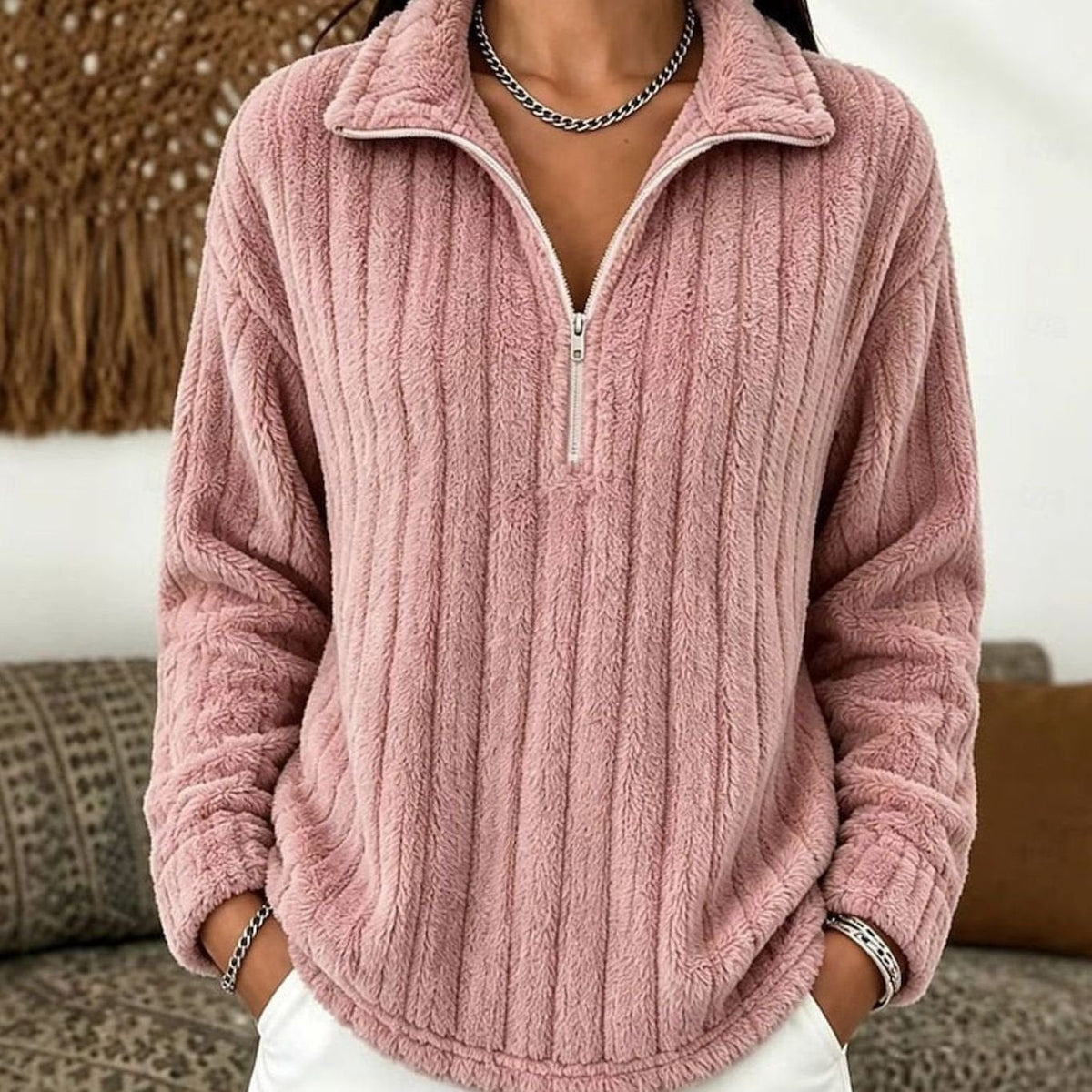 Women's Fleece Quarter Zip Jumper, Ribbed Soft Pullover