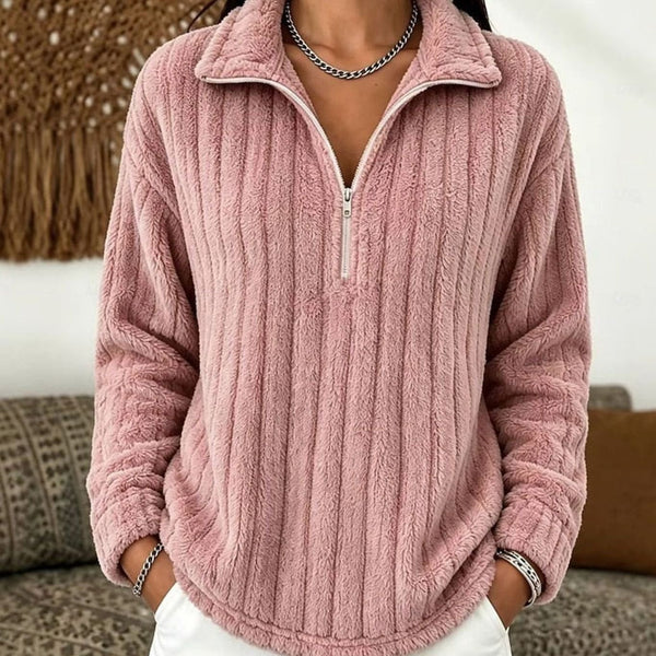 Women's Fleece Quarter Zip Jumper, Ribbed Soft Pullover