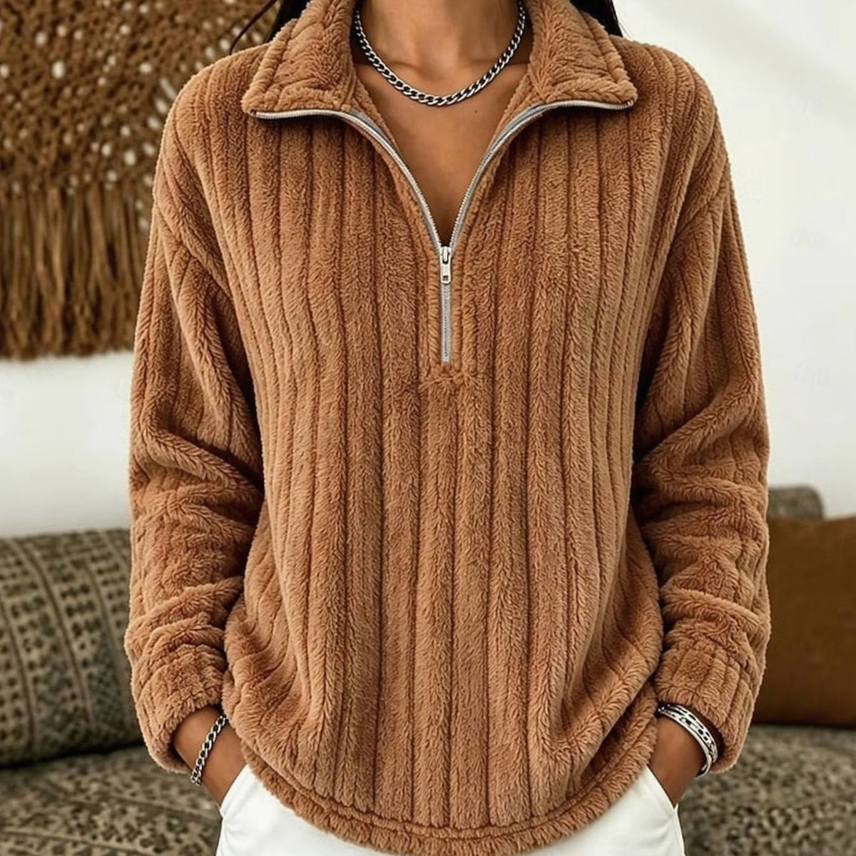 Women's Fleece Quarter Zip Jumper, Ribbed Soft Pullover