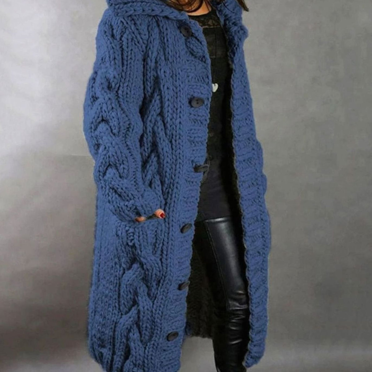 Women's Long Cardigan, Hooded Chunky Cable Knit with Buttons