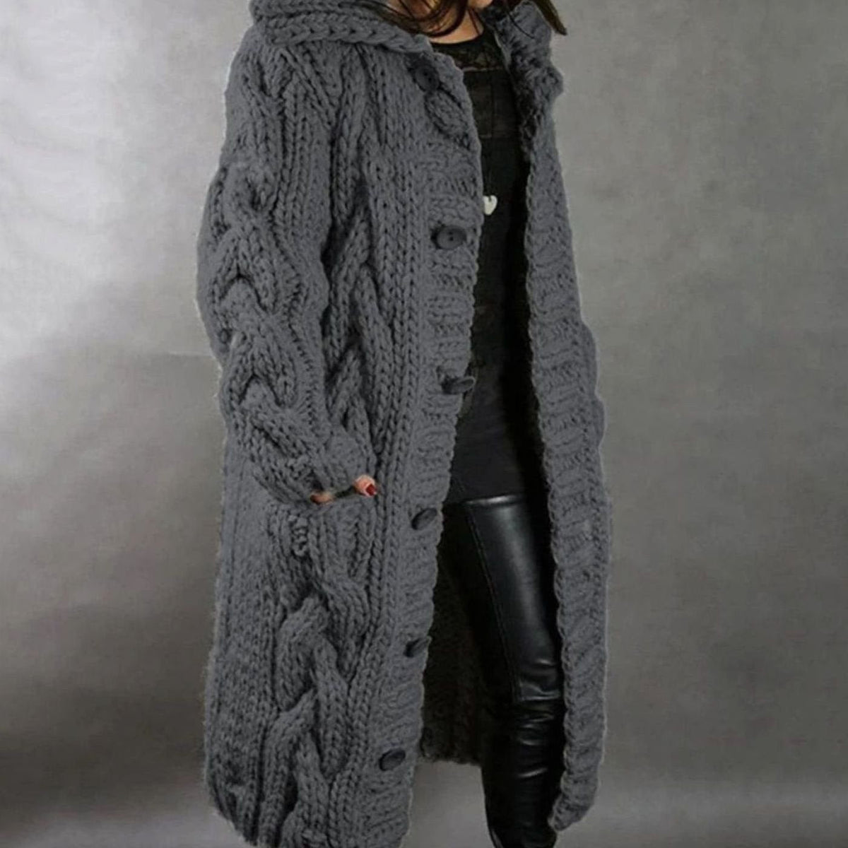 Women's Long Cardigan, Hooded Chunky Cable Knit with Buttons
