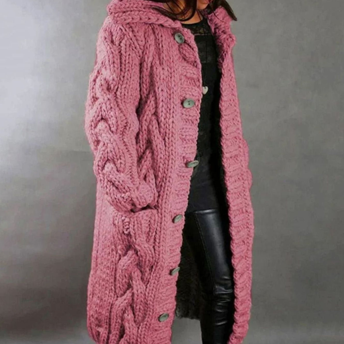 Women's Long Cardigan, Hooded Chunky Cable Knit with Buttons