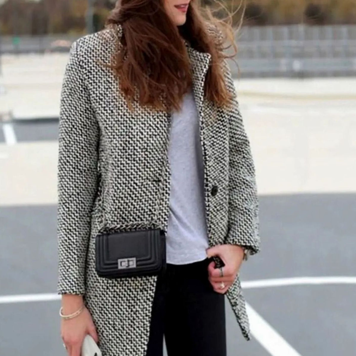 Women's Houndstooth Coat, Longline Tailored with Quilted Lining