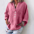 Women's Linen Button Down Blouse V-Neck Roll Tab Sleeves 1