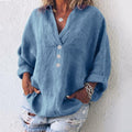 Women's Linen Button Down Blouse V-Neck Roll Tab Sleeves 2