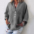 Women's Linen Button Down Blouse V-Neck Roll Tab Sleeves 4