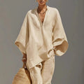 Women's Linen Matching Set Batwing Top Tapered Pants 1