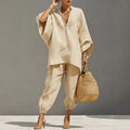 Women's Linen Matching Set Batwing Top Tapered Pants 3
