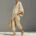 Women's Linen Matching Set Batwing Top Tapered Pants 4