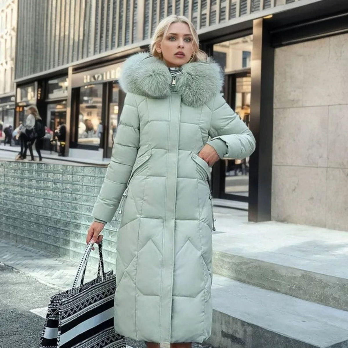 Women's Long Padded Coat, Faux Fur Hood Quilted