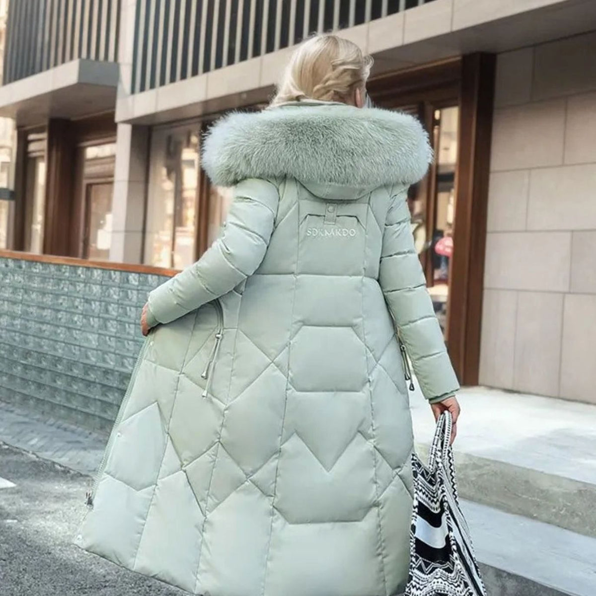 Women's Long Padded Coat, Faux Fur Hood Quilted