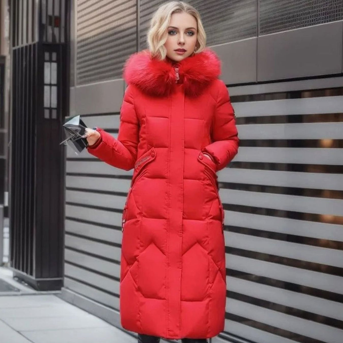 Women's Long Padded Coat, Faux Fur Hood Quilted