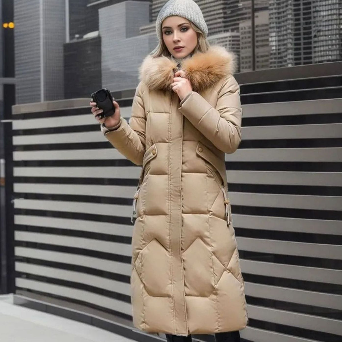 Women's Long Padded Coat, Faux Fur Hood Quilted