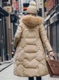 Women's Long Padded Coat, Faux Fur Hood Quilted 18