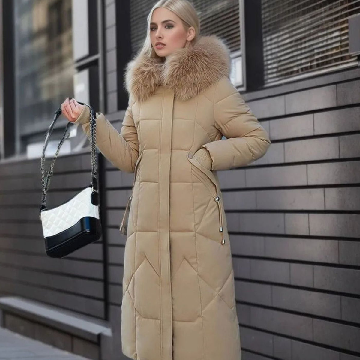 Women's Long Padded Coat, Faux Fur Hood Quilted