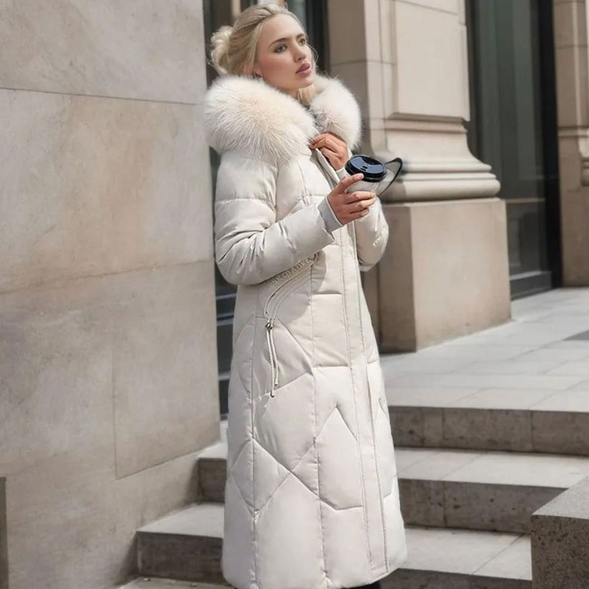 Women's Long Padded Coat, Faux Fur Hood Quilted