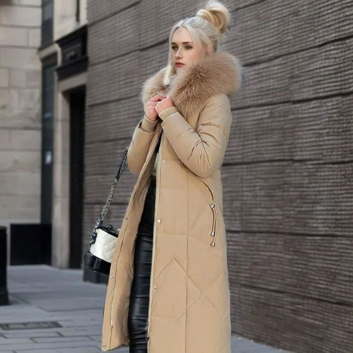 Women's Long Padded Coat, Faux Fur Hood Quilted
