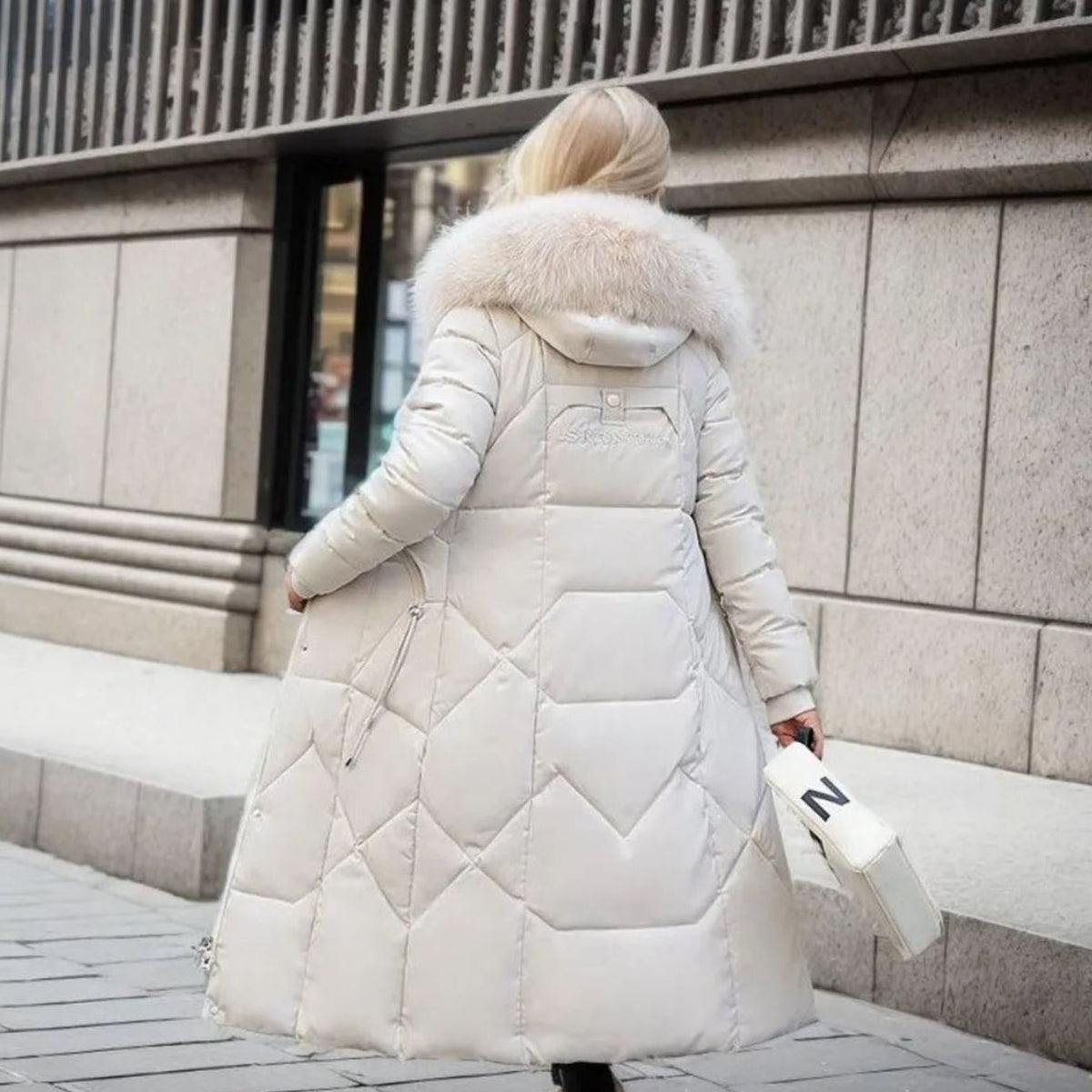 Women's Long Padded Coat, Faux Fur Hood Quilted