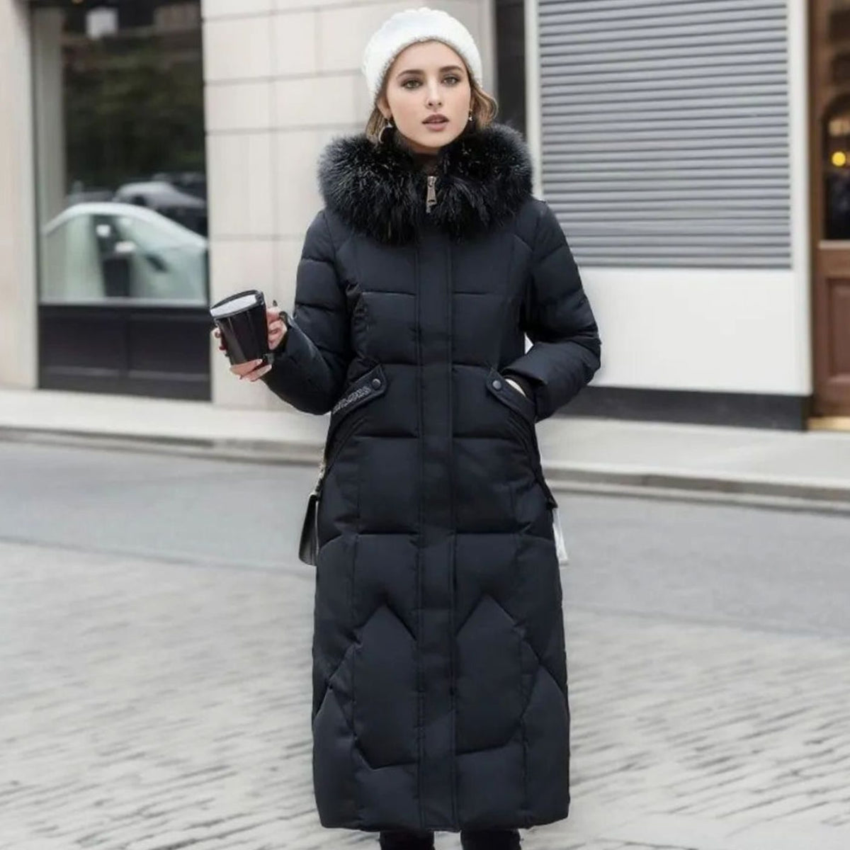 Women's Long Padded Coat, Faux Fur Hood Quilted
