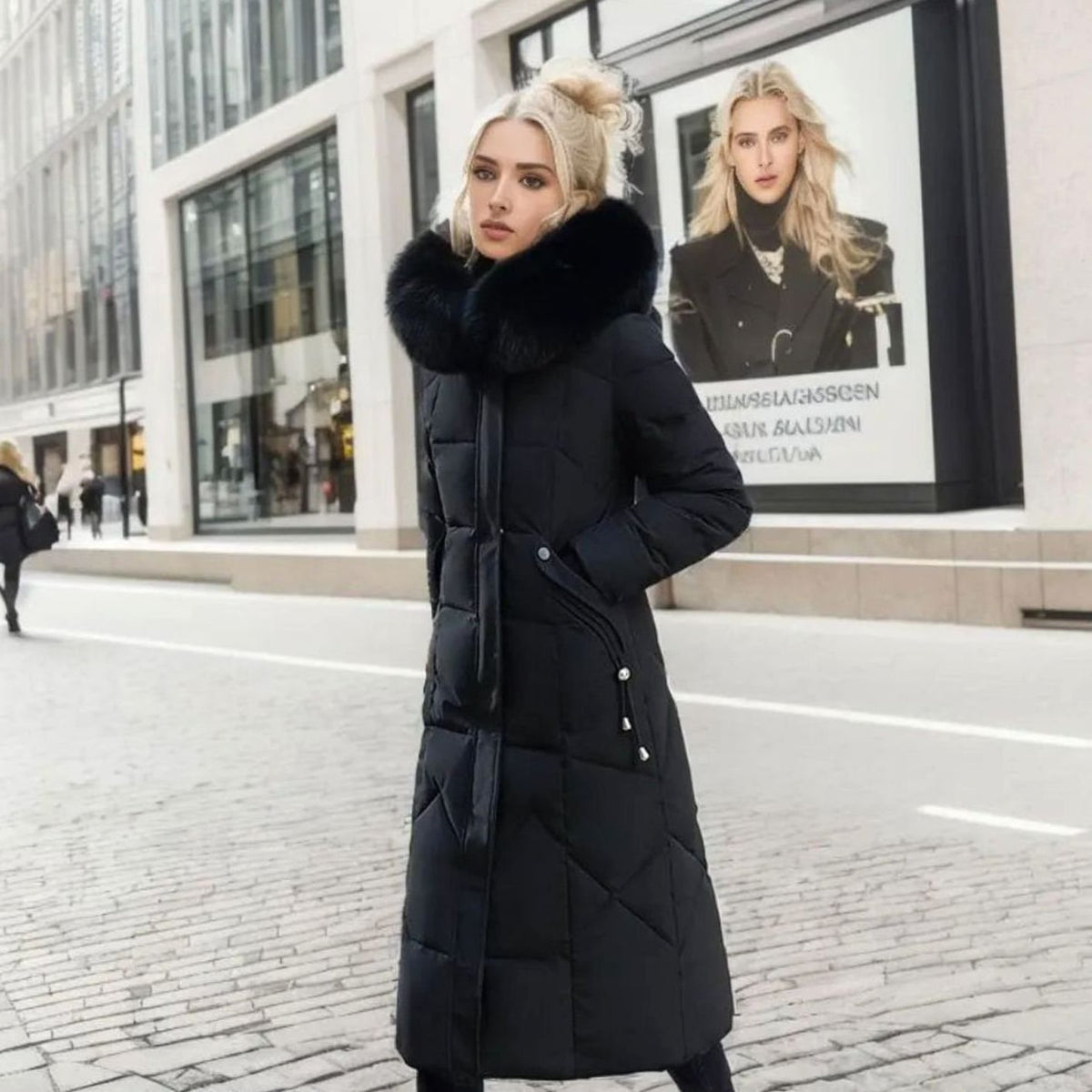 Women's Long Padded Coat, Faux Fur Hood Quilted