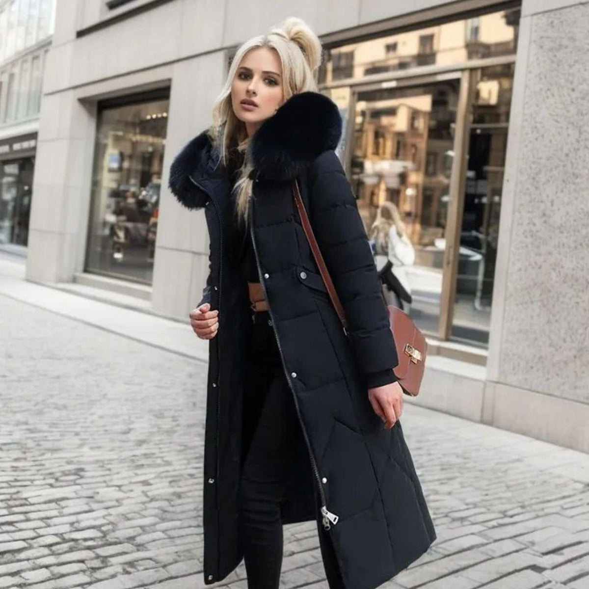 Women's Long Padded Coat, Faux Fur Hood Quilted