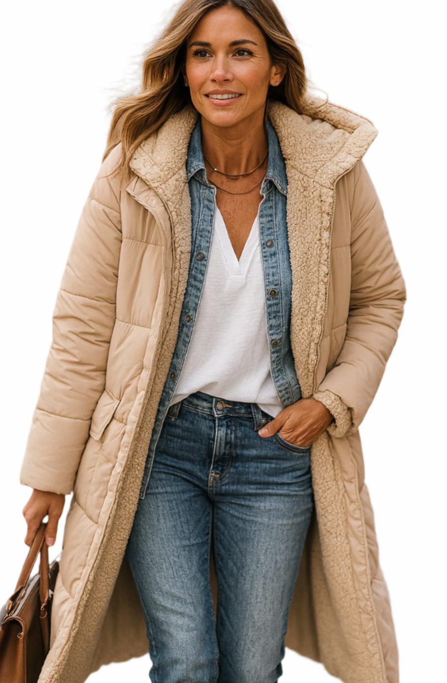 Women's Long Padded Coat, Sherpa Lined Hooded