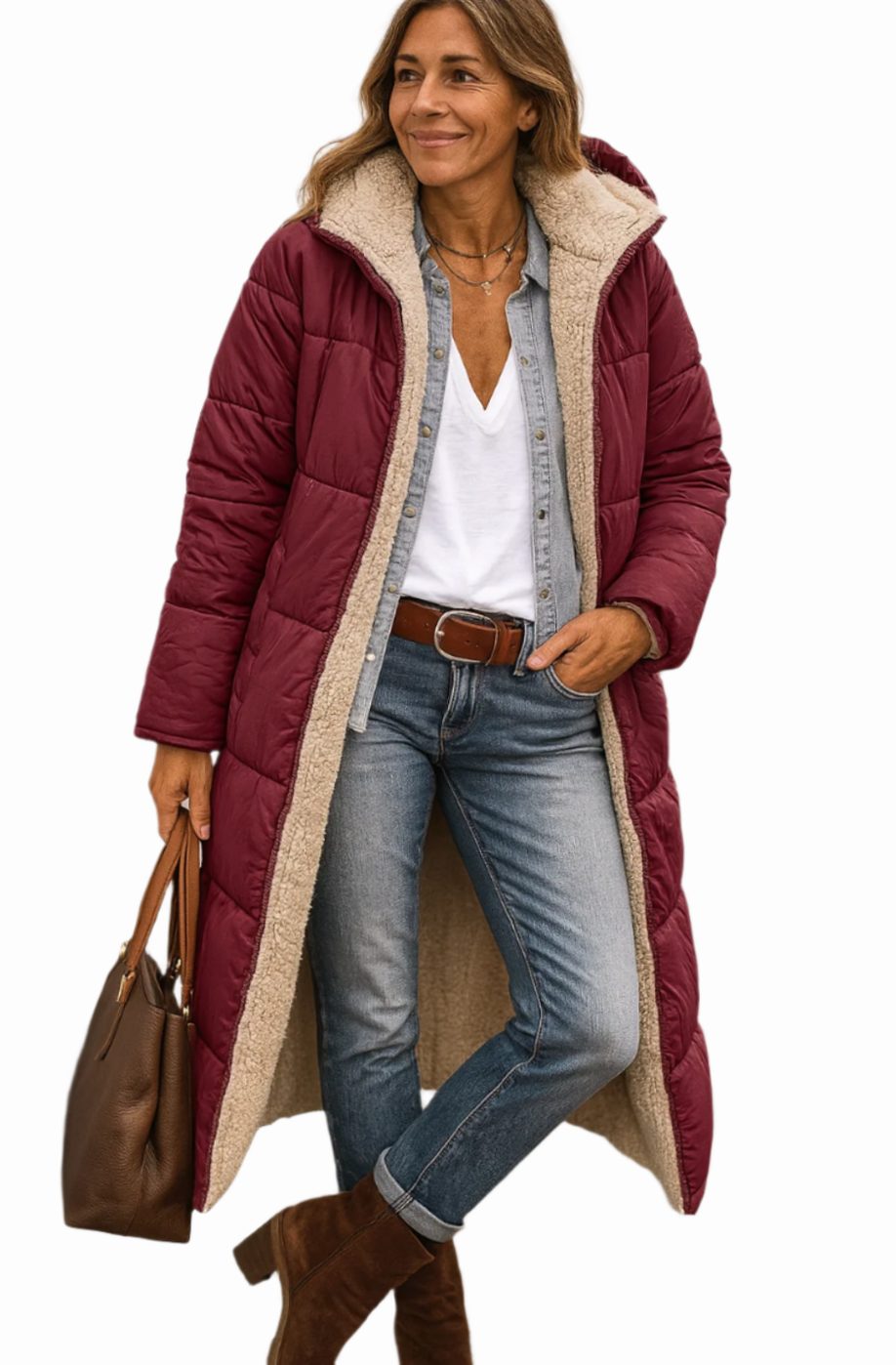 Women's Long Padded Coat, Sherpa Lined Hooded