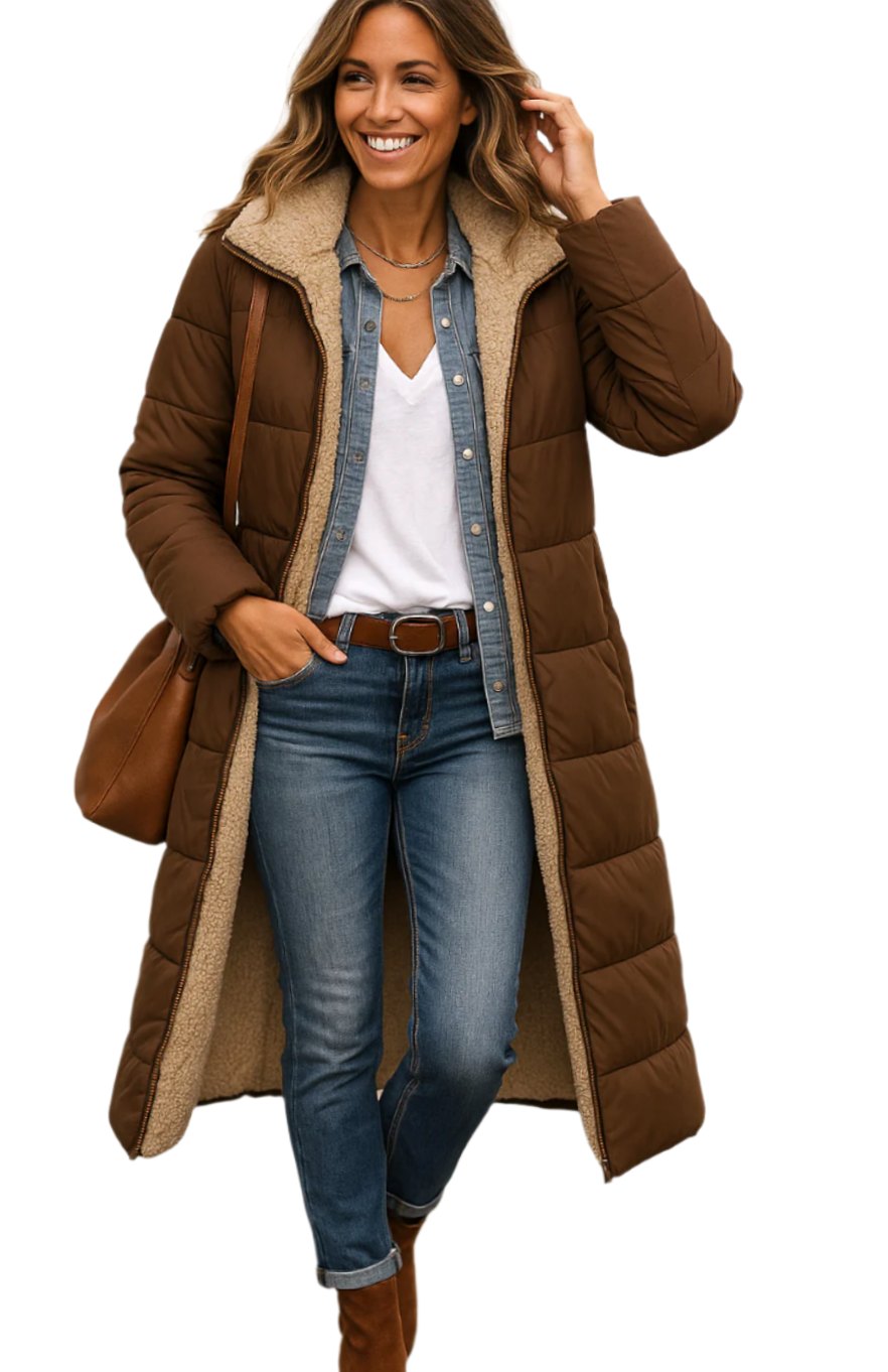 Women's Long Padded Coat, Sherpa Lined Hooded