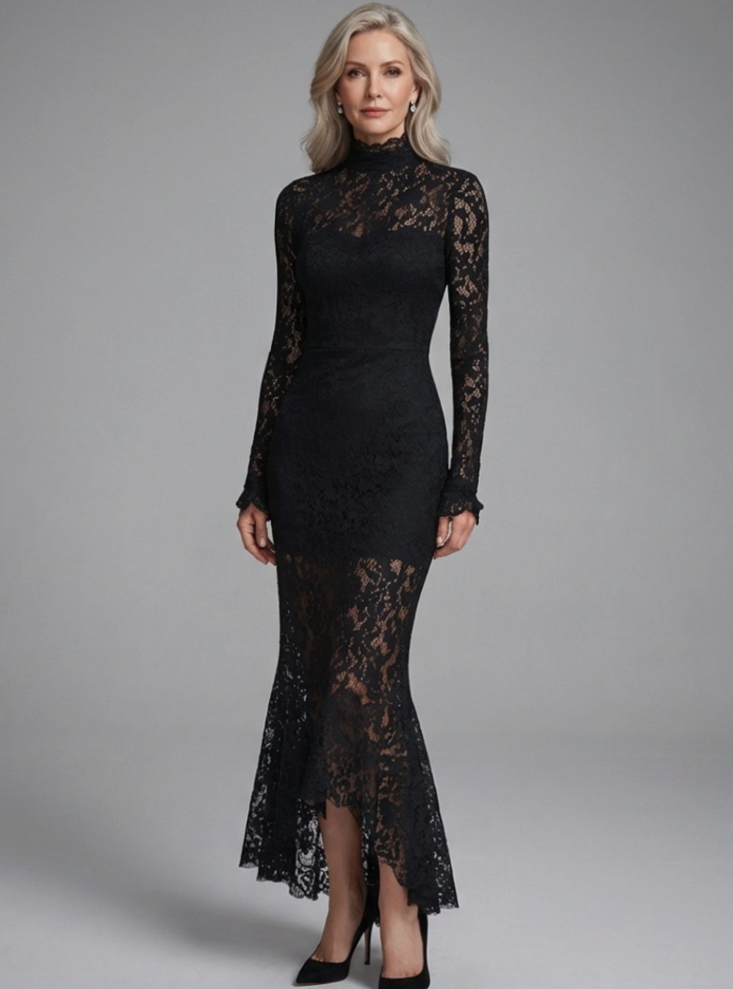 Women's Black Lace Evening Dress, Long Sleeve Mermaid Midi