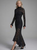 Women's Black Lace Evening Dress, Long Sleeve Mermaid Midi 2