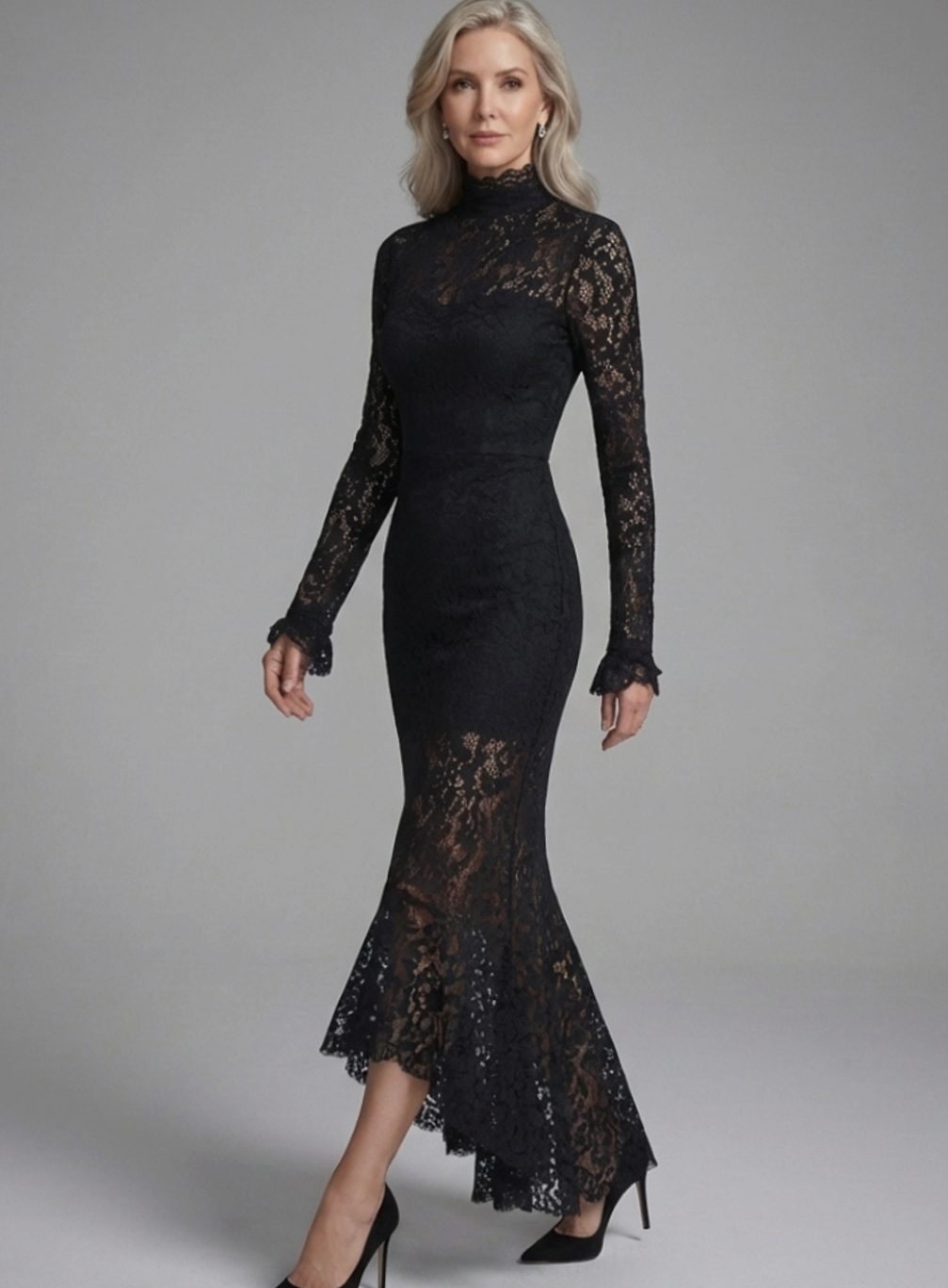 Women's Black Lace Evening Dress, Long Sleeve Mermaid Midi