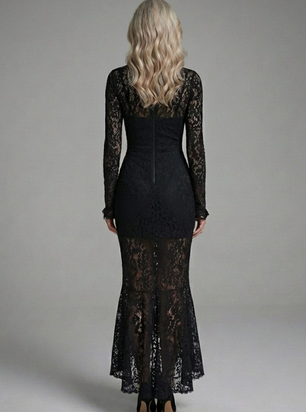 Women's Black Lace Evening Dress, Long Sleeve Mermaid Midi