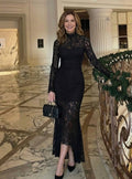 Women's Black Lace Evening Dress, Long Sleeve Mermaid Midi 5