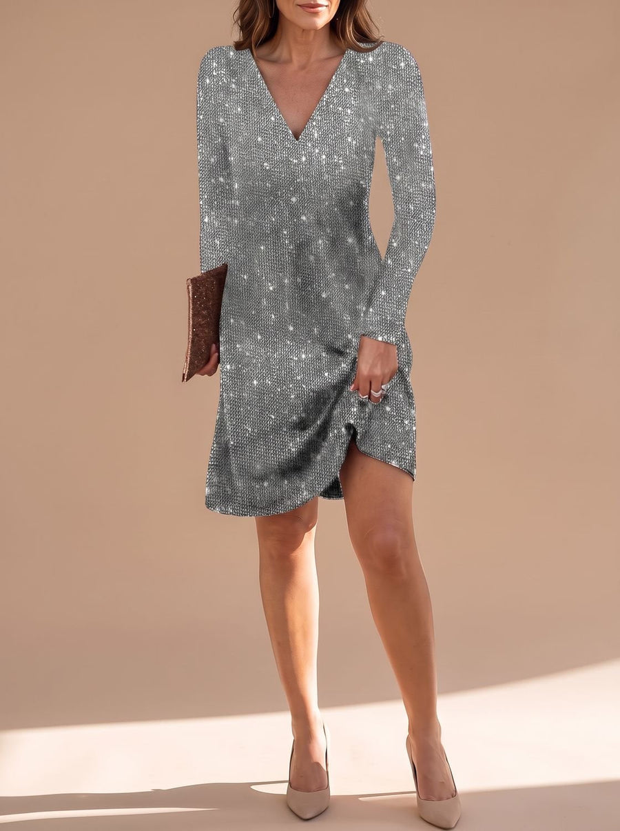 Noemi | Relaxed Fit Sequin V-Neck Long Sleeve Mini Dress for Women