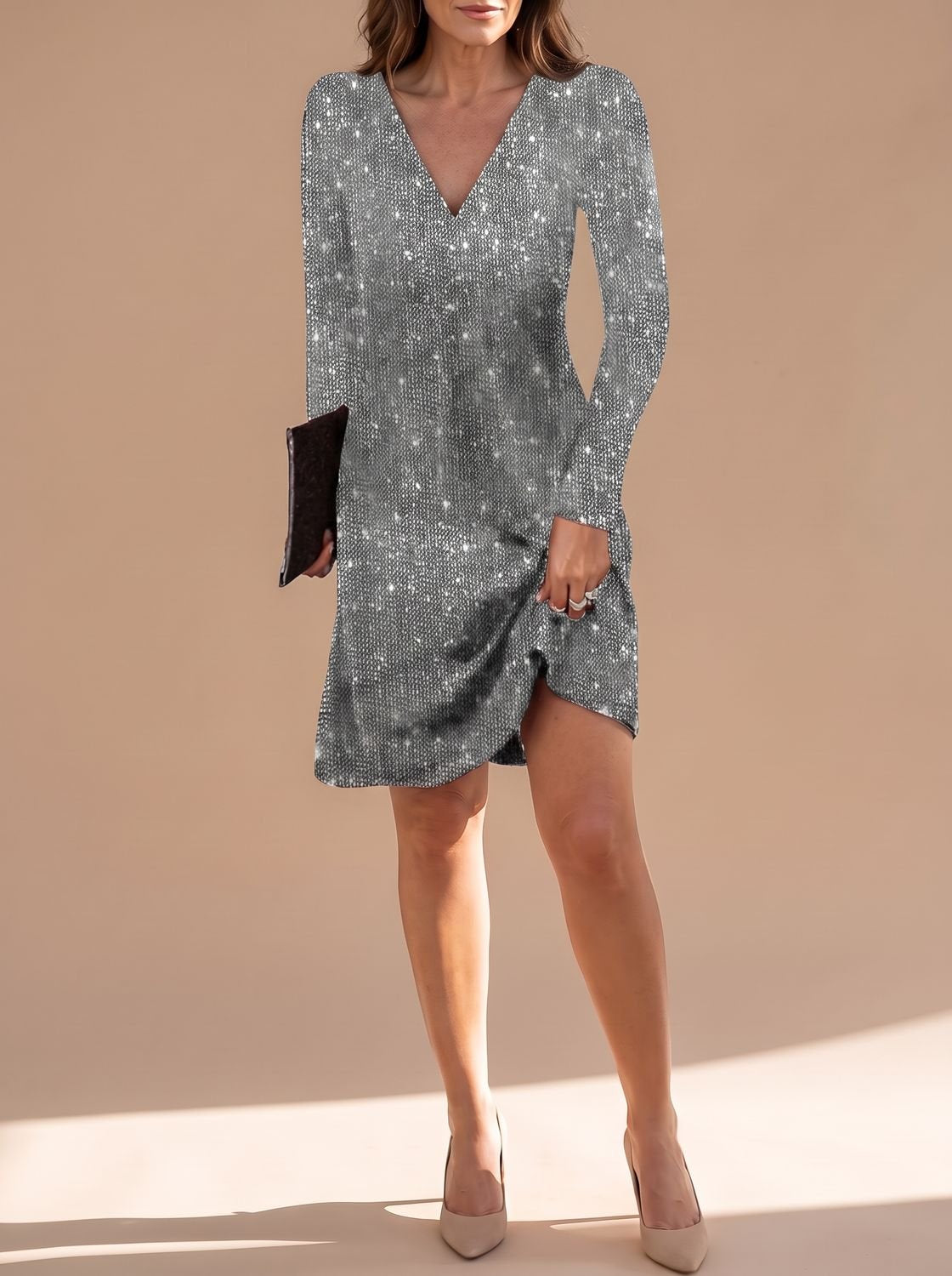 Women's Sequin Party Dress, Long Sleeve V-Neck Mini