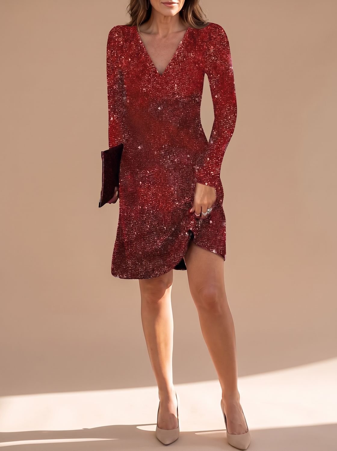 Women's Sequin Party Dress, Long Sleeve V-Neck Mini