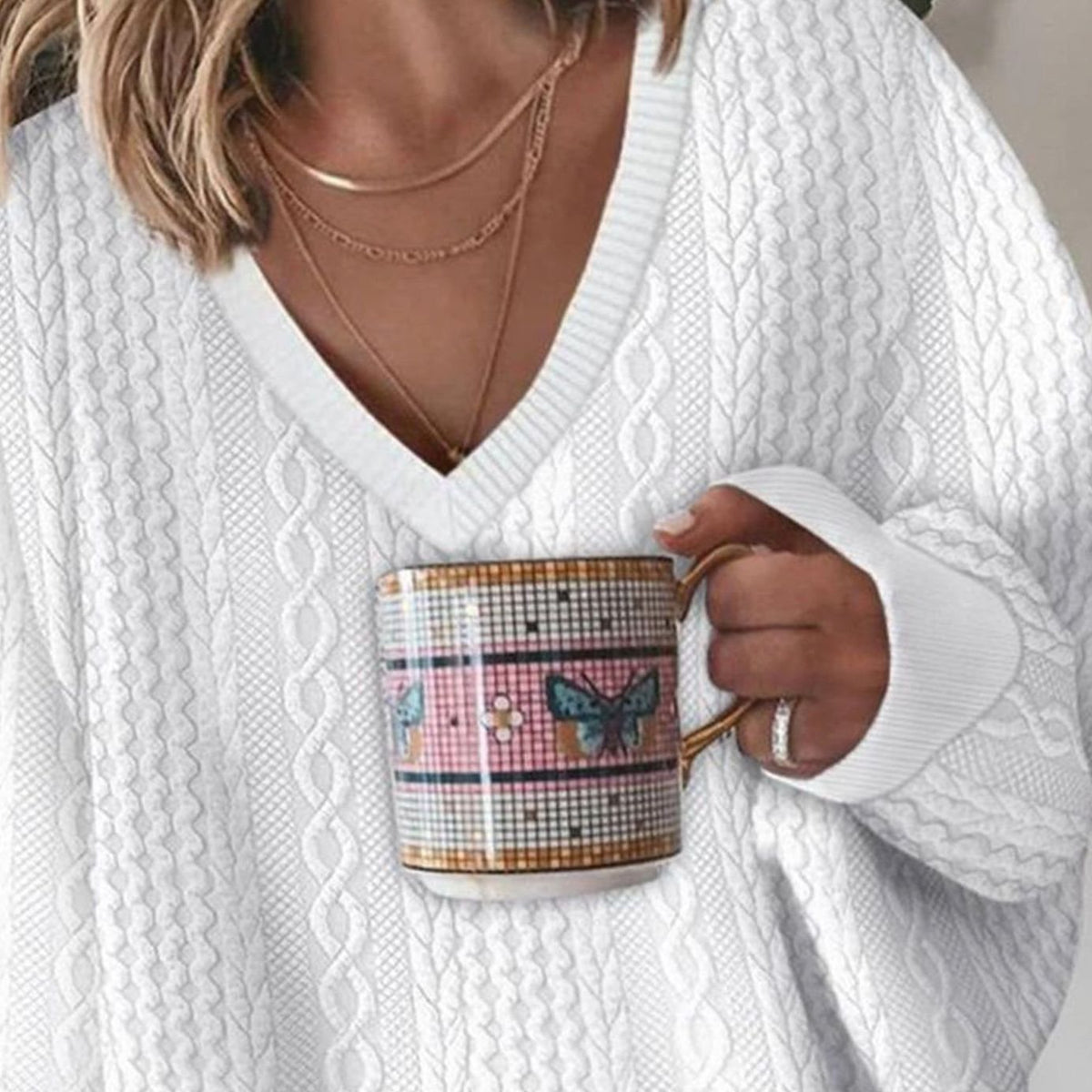 Women's Cable Knit Jumper, Oversized V-Neck