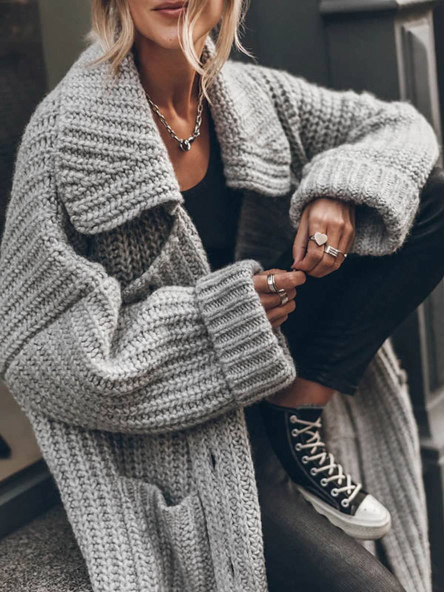 Klara | Chunky Ribbed Long Cardigan with Wide Collar for Women