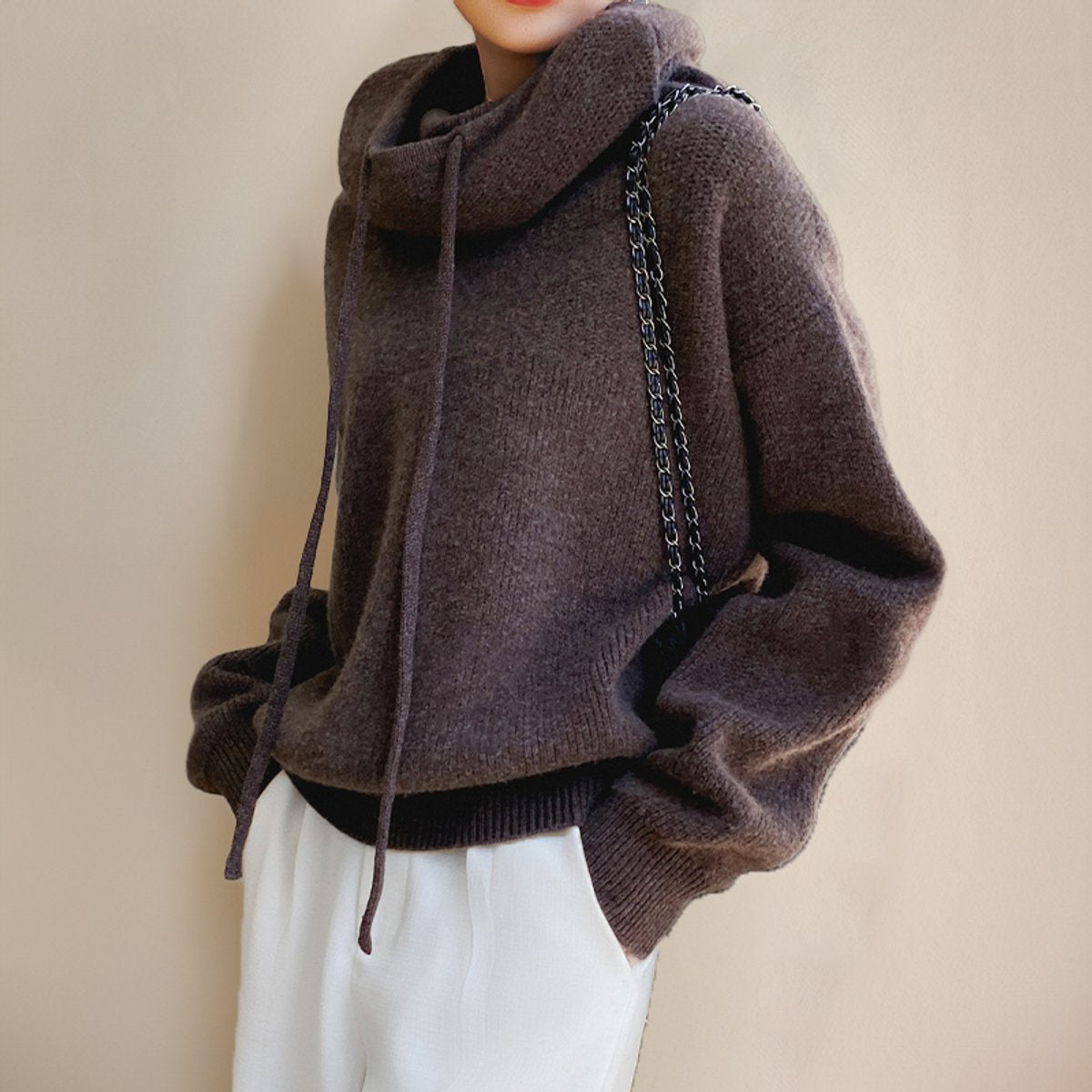 Women's Hooded Jumper, Oversized Funnel Neck with Drawstring