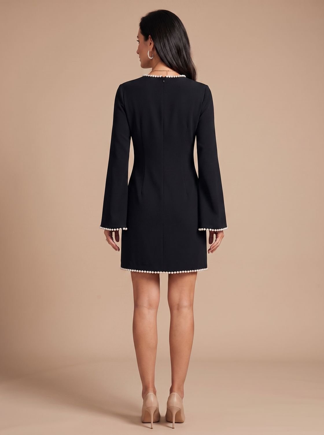Women's Black Party Dress with Pearl Trim, Long Sleeve Mini