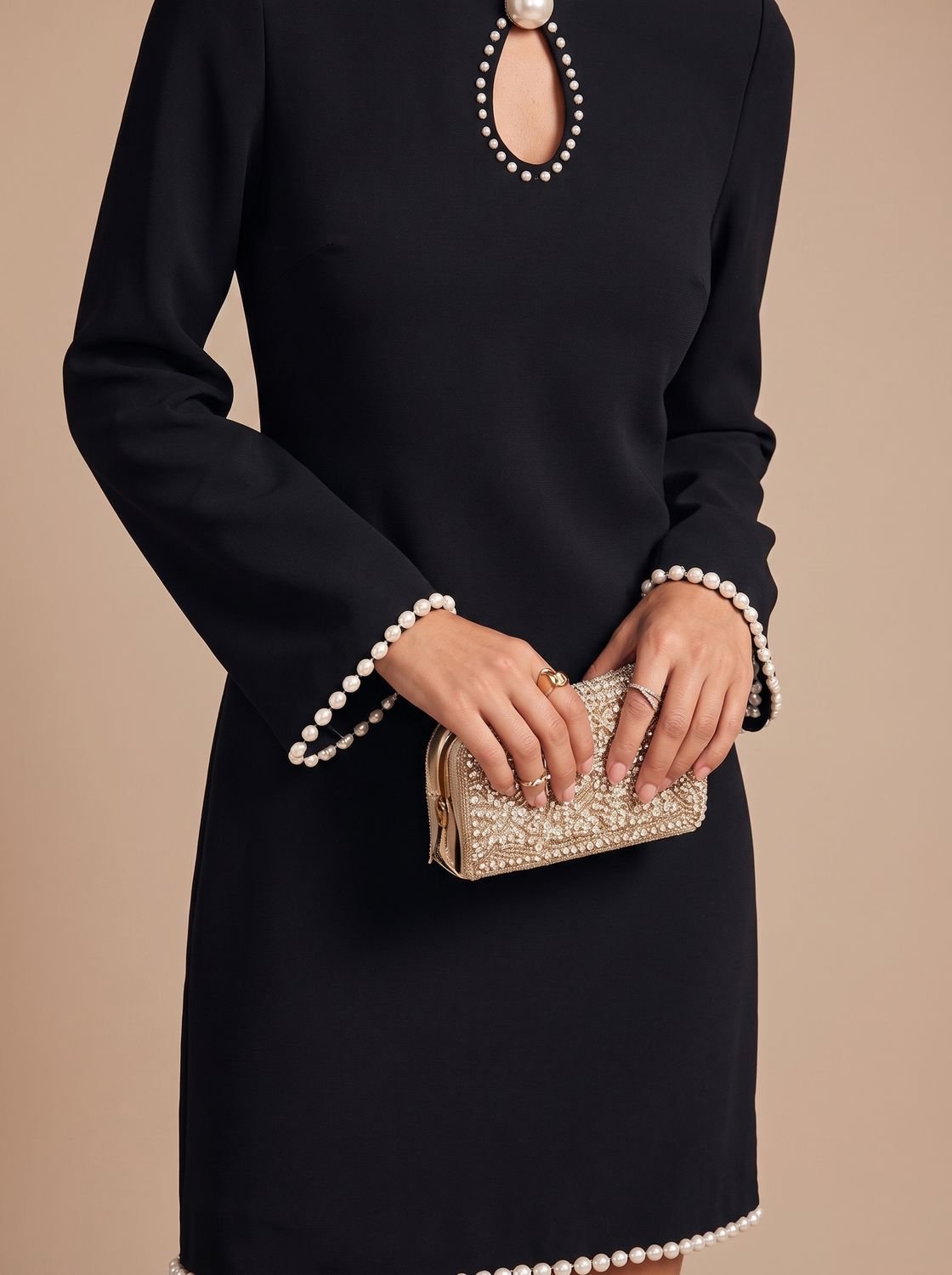 Women's Black Party Dress with Pearl Trim, Long Sleeve Mini