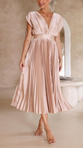 Women's Pleated V-Neck Midi Dress Wedding Guest 6