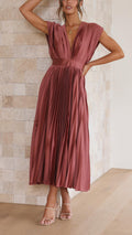 Women's Pleated V-Neck Midi Dress Wedding Guest 4